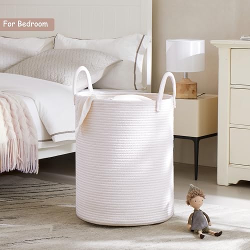 60L Pure White Woven Hamper Laundry Basket Cotton Rope Blanket Basket for Living Room 15Dx20H inches Tall Clothes Hamper for Baby Nursery Kids in Bedroom Large - color: White, size: Large (60L)