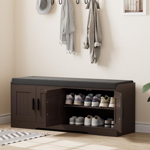 Homleke 2-Tier Storage Bench, Shoe Bench with Thickened Padded Seat Cushion, Entryway Bench with 4 Doors, Adjustable Shelf, 13.8" D x 45.3" W x 18.5" H, for Entryway, Living Room, Bedroom, Brown - color: Brown, size: 45.3"