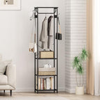 Coat Rack With Hanging Rod, Garment Rack With 3 Wooden Shelves and 4 Hooks, Freestanding Hall Tree, Industrial Clothes Rack Stand Organizer, Black - color: Black, style: with Top Shelf