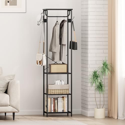 Coat Rack With Hanging Rod, Garment Rack With 3 Wooden Shelves and 4 Hooks, Freestanding Hall Tree, Industrial Clothes Rack Stand Organizer, Black - color: Black, style: with Top Shelf