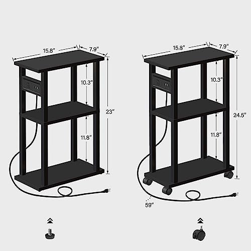 TUTOTAK Small Narrow Side Table with Charging Station, Skinny End Table for Small Spaces, Slim Nightstand with USB Ports and Outlet, Sofa Beside Table with Wheels, Black TB01BK046 - color: Black, size: 1 PC, style: With Plug