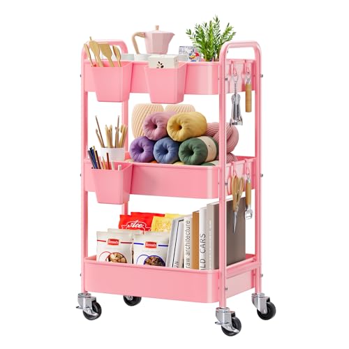 3 Tier Rolling Cart on Wheels, Metal Utility Storage Cart with Wheels, Three Tiered Craft Carts Organizer with Hanging Cups, Hooks, Mesh Basket for Bedside, Kitchen, Bathroom, Office, Art, Snack, Pink - color: Pink, size: 3-Tier + Cups + Hooks