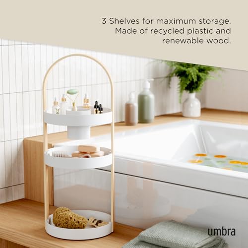 Umbra Bellwood Caddy, Organizer for Makeup and Cosmetics, Durable Rotating Container with Wooden Handle, Large, White/Natural - color: White/Natural, size: Large