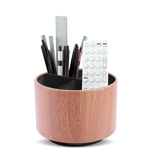 Round Leather Art Supply Organizer,Remote Control Holder,360 Degree Spinning,Multi-Functional Pencil Holder,4 Compartments Desktop Stationary Organizer(1-Thin Wood Ligh Brown) - color: 1-Thin Wood Ligh Brown