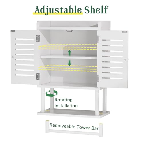 AmazerBath Bathroom Wall Cabinets, Bamboo Medicine Cabinets with Towel Bar, Hanging Over The Toilet Storage Cabinet with Adjustable Shelves, Organizer Cabinet for Small Spaces, 8.3x16.5x26.6 Inches - color: White With Striped Door, size: 16.5" W x 26.6" H