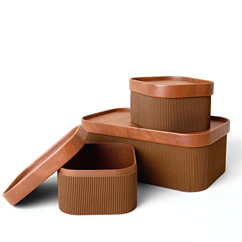 LA JOLIE MUSE Fluted Cardboard Storage Baskets with Leather-Like Lids, Sturdy Stackable Paper Boxes Decorative Tray, Chocolate Brown, Set of 3 - color: Chocolate Brown