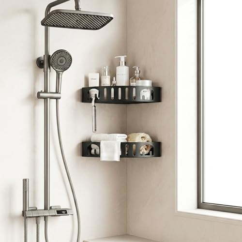 Adhesive Corner Shower Shelf No Drill | Rust-Proof Aluminum Alloy Stick On Bathroom Organizer with Shaving Holder for Shampoo, Conditioner, Soap, Razors Black 3Pack - color: Black 3 Layers, size: 3 Layers