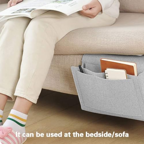 Bringsine 5 Pockets Bedside Caddy, Felt Bed Storage Organizer Hanging Bag Holder for Magazine Book Phone Tablet iPad Cables Remote and Water Bottle Holder Home Dorm Bed Sofa-Light Gray - color: Light Gray, size: 5 Pockets + Bottle Holder
