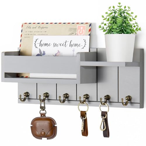 RelaxScene Key Holder Wall Mount - Key Hooks for Wall Decor Living Room - Wooden Key Hanger Rack and Mail Organizer with Shelf for Home Essentials - Modern Entryway House Decor Aesthetic - color: Gray, size: M(12''x4.8'')