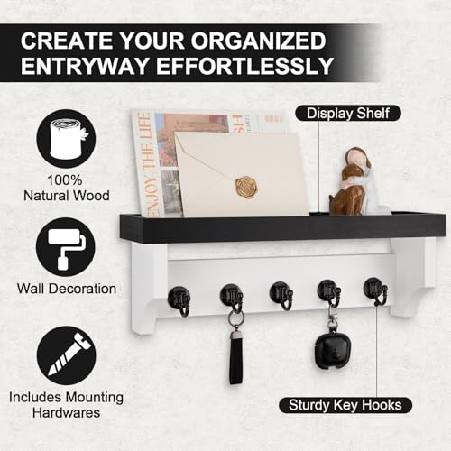 Key and Mail Holder Wall Mount, Key Holder with Shelf and Mail Organizer Wall Mount. Mail Holder with 5 Hooks for Coat, Dog Leash, Home Decor Rack, Entry Way Organizer (Black & White) - color: Black & White