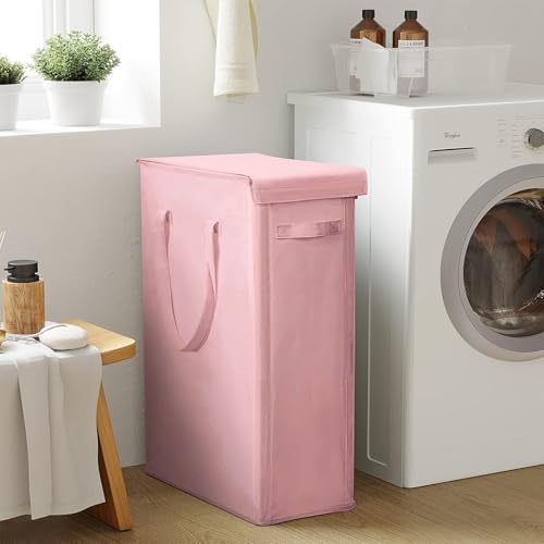 Chrislley 60L Slim Laundry Hamper with Lid Narrow Laundry Basket with Handle Upgrade Foldable Dirty Clothes Hamper Portable Skinny Hamper Organizer Storage Bins (25.6 inches, pink) - color: pink