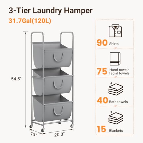 ELYKEN 120L Vertical Rolling Laundry Hamper with Removable Bags, 3 Section Laundry Baskets with Wheels, Space-Saving 3 Tier Laundry Sorter for Small Spaces, Dorm, Bedroom, Bathroom, Laundry Room - color: Gray