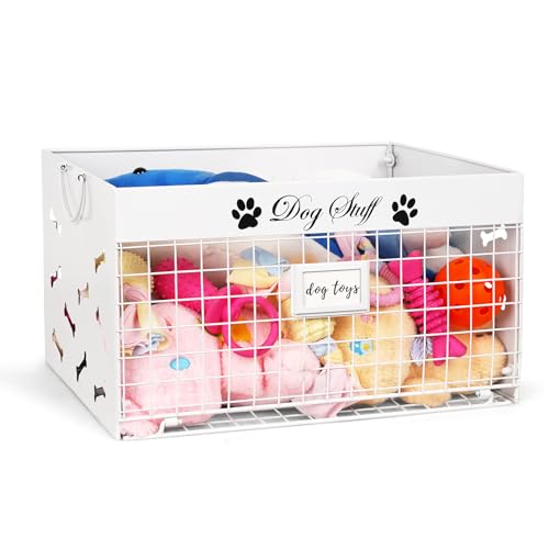 Bfttlity Dog Toy Basket - Large Dog Toy Box with Handles and Label Position Design for Living Room, Metal Dog Toy Bin Storage for Dogs Chew Pets Toys, Blankets, Clothes, Food (White) - color: Large White