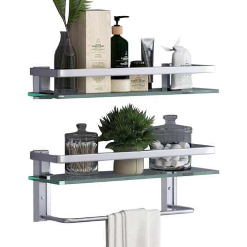 VOLPONE Glass Bathroom Shelf 15.7in Bathroom Shelf Wall Mounted Floating Glass Shelves with Towel Holder Glass Shelf for Bathroom 2 Tier (Sliver) - style: 2 tier with towel bar silver