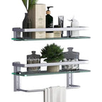 VOLPONE Glass Bathroom Shelf 15.7in Bathroom Shelf Wall Mounted Floating Glass Shelves with Towel Holder Glass Shelf for Bathroom 2 Tier (Sliver) - style: 2 tier with towel bar silver