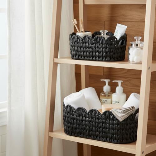 Coeusy Wicker Scalloped Basket Set of 2,Woven Storage Baskets for Shelves,Closet,Laundry,Gift,Towels,Books,Toys,Waterproof Decor Basket for Organizing,Black Oval - color: Black