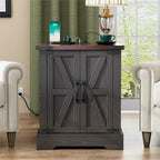 Farmhouse End Table with Charging Station, Rustic Wood Nightstand with Adjustable Shelf, 19.6"W Versatile Walnut Sofa Side Table with Barn Doors and Retro Hinges for Bedroom, Living Room (Grey-kk025) - color: Grey-kk025