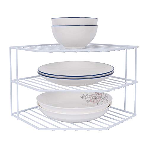 3-Tier Corner Shelf Counter and Cabinet Organizer - Steel Metal Wire - Rust Resistant - Plates, Dishes, Cabinet & Pantry Organizer - Kitchen Organization (10 x 7.5 Inch)(White) - color: White