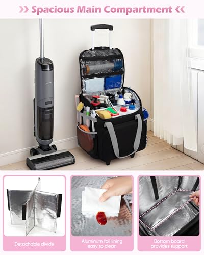 Marscamd Large Rolling Cleaning Caddy Bag with Detachable Trolley, Cleaning Supplies Organizer with Wheels for Housekeepers, Black - color: Black