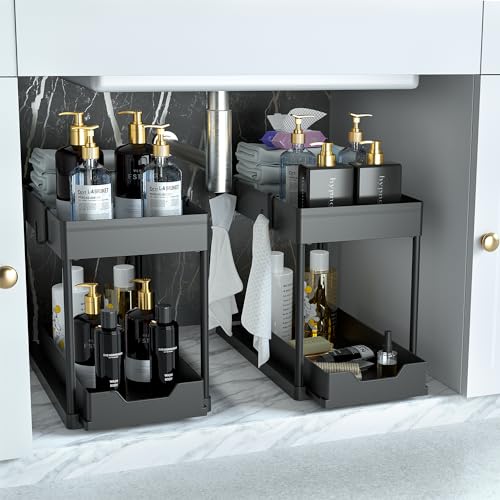 DEKAVA Under Sink Organizer 2 Pack, Bathroom Cabinet Organizer, 2 Tier Sliding Cabinet Basket Organizer Drawer, Multi-Purpose Bath Collection Baskets for Bathroom (Black) - color: Black