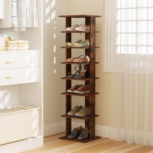 Tangkula 8-Tier Vertical Shoe Rack, Space-Saving Corner Shoe Organizer for 7 Pairs, Narrow Shoe Storage for Entryway, Front Door, or Closet - color: Rustic Brown, size: 10" x 11" x 43.5"