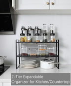 2-Tier Expandable Shelf Organizer for Kitchen Cabinet, Countertop, Pantry & Under-Sink Storage(black)