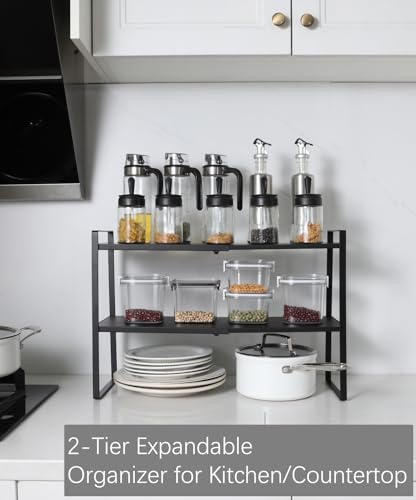 2-Tier Expandable Shelf Organizer for Kitchen Cabinet, Countertop, Pantry & Under-Sink Storage(black) - color: Black, size: 8.2''D * 12.2-21.6''W * 14.2''H(2 Tier)