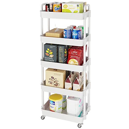Laiensia 5-Tier Rolling Cart with Wheels,Multifunction Utility Storage Carts, Kitchen Storage Organizer,Mobile Shelving Unit for Bathroom,Laundry,with Classified Stickers,White - color: White, size: 5-Tier