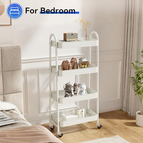 NEWBULIG 4-Shelf Rolling Utility Cart with Locking Wheels, Slim Metal Mobile Storage Organizer Shelf for Small Spaces, Bathroom, Living Room, White - color: White, size: 4-Tiers