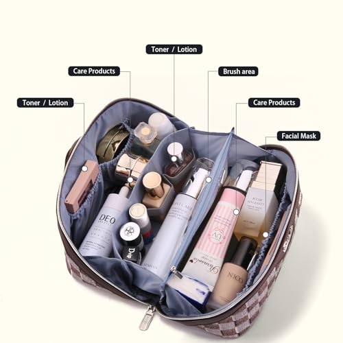 BOYATU Travel Makeup Bag for Women: Large Cosmetic Bag Set of 3 - PU Leather Make up Bag with Compartments - Compact Waterproof Toiletry Bag with Divider & Handle (D-3-Brown) - color: D-3-Brown