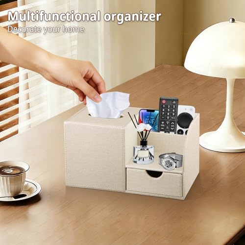 Nightstand Organizer with Tissue Holder,PU Leather Square Tissue Box Cover,Modern Facial Paper Organizer Storage Box for Remote Control,Bathroom,Vanity Countertop,End Table Home Office.Beige - color: Beige