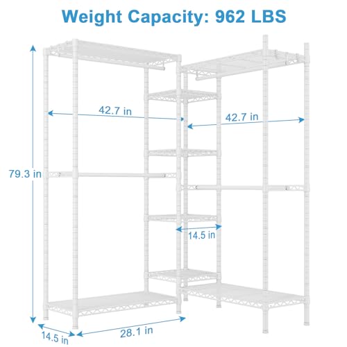 Ulif E4L L-shaped Clothing Rack for Corner, Heavy-Duty Freestanding Garment Rack, Metal Clothes Storage Organizer System with Shelves and Hangers, Max Load 962lbs, 42.7" W x 42.7" D x 79.3" H, White - color: White