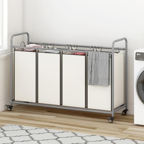 Laundry Sorter 4 Section Hamper Sorter with Heavy Duty Lockable Rolling Wheels Removable Bags Basket Separator for Dirty Clothes Storage, Beige - size: 4 Bags Beige