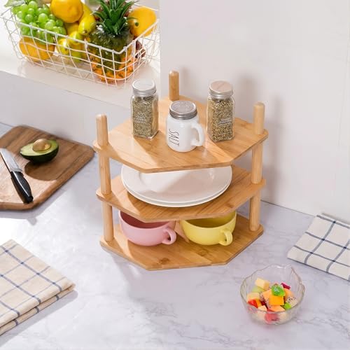 3-Tier Expandable Bamboo Corner Shelf - Dish/Plate Organizer for Cabinet, Kitchen Counter Shelf & Small Kitchen Shelf, Adjustable (Natural, 1-Pc 3.90" H) - color: 3.9"H-Natural-3