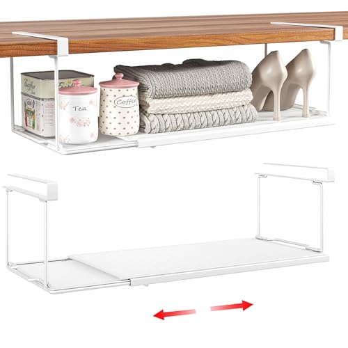 Expandable Under Cabinet Shelf, Extendable Under Shelf Storage with 0.94 Inches Thick Clips for Shoe Rack, Pantry Cabinet, Laundry Room. (White, 2 Pack, Interior: 6" H x 8.26" D) - color: White-6"h X 8.26"d-0.94" Thick Clip, size: 2 Pack
