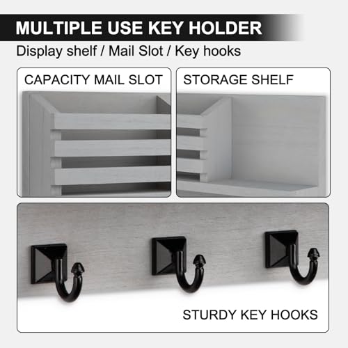 Key Holder Wall Mount, Mail Organizer for Wall with 5 Square Rustic Key Hooks Key Shelf Farmhouse Home Decor for Entryway - color: Gray
