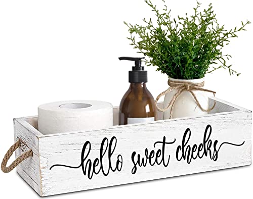PZJIEAN Funny 2 Sides Hello Sweet Cheeks White Bathroom Decor Box with Handle, Farmhouse Bathroom Decor Box for Toilet Paper, Back of Toilet Organizer - color: White