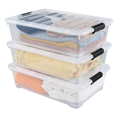 25 Quart Plastic Under Bed Storage Boxes, Wheeled UnderBed Storage Container, 3 Pack, Clear - size: 25 Quart