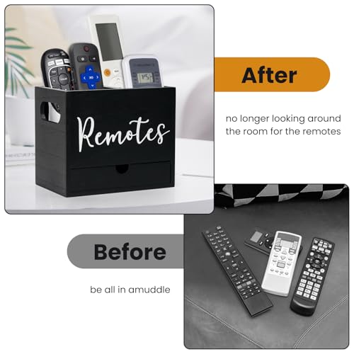 Remote Control Holder, Wooden TV Controller Holder, Desk Organizer with 2 Compartment and Drawers for TV & Office Supplies, Ideal for Tabletop (Black) - color: Black