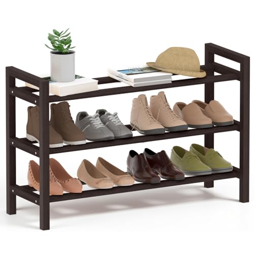 Haddockway Bamboo Shoe Rack for Closet, Free Standing Shoe Organizer with Smooth Round Rods & Convenient Handles, Stackable Shoe Storage Shelf for Entryway, Hallway(Brown, 3-Tier) - color: Brown, size: 3-Tier_Standard