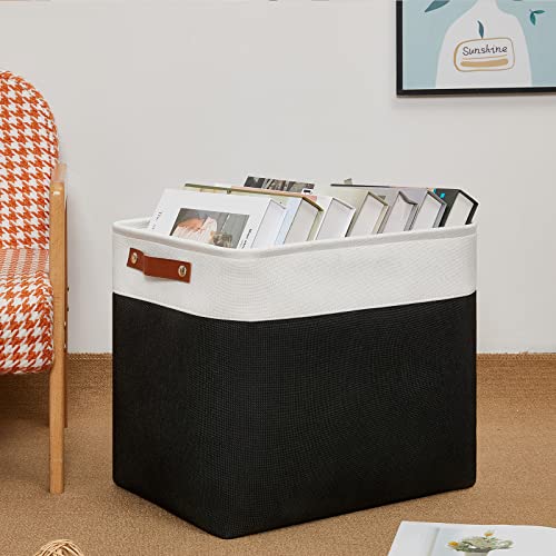 DULLEMELO Large Fabric Basket for Organizing, 17"x12"x15" Storage Basket With Leather Handles, Collapsible Storage Bin for Clothes, Toys, Books, Office, Bedroom, Closet, Nursery&Laundry (White&Black) - color: White&Black, size: Large-17"x12"x15"