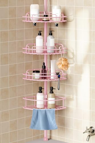 HAMITOR Corner Shower Caddy Tension Pole: 4-Tier Rust-Resistant Adjustable Bathroom Organizer Shelves - 47-121 Inch No-Drill Quick Installation - Space-Saving Storage for Renters Family - Pink - color: Pink