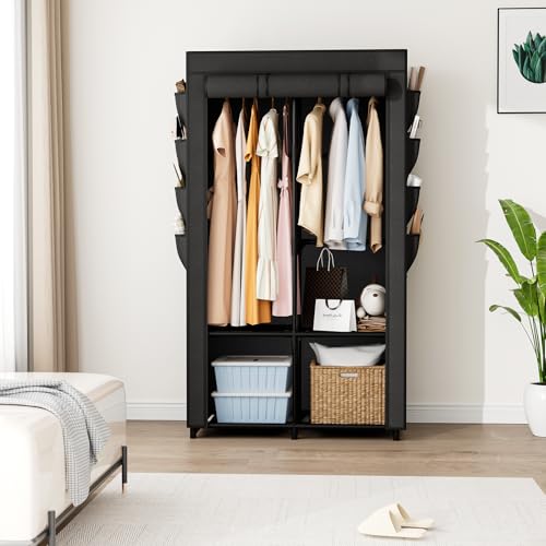 Portable Closet for Hanging Clothes, Portable Wardrobe Closet with Cover, 4 Storage Shelves, 2 Hanging Rods and 8 Side Pockets, Easy Assembly and Sturdy Free Standing Closet for Bedroom, Black - color: Black