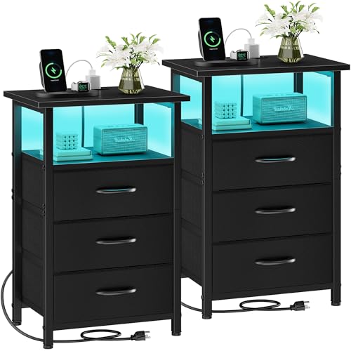 Vagusicc Night Stand Set 2 with Charging Station, LED Nightstand for Bedroom, Bedside Table with 3 Fabric Drawers, End Table Side Table with USB Ports & Outlets, Bed Side Table for Bedroom, Black - color: Black, size: 2 Pieces, style: With LEDs