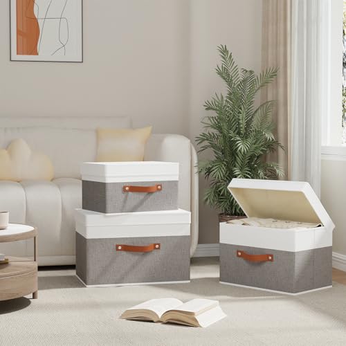 Fabric Storage Bin, Storage Basket with Lids, Closet Organizer Box with Handles for Shoes Books Towels, White and Grey, 1 Pack, 13 x 9.1 x 7.9 Inch - color: White/Grey, size: 13x9.1x7.9in(1-Pack)
