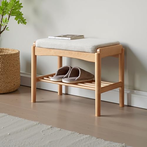 Solid Wood Shoe Bench Assembled, Shoe Rack Bench with Cushion for Entryway, Living Room, Bedroom, Hallway, 11.8" x 17.7" x 16.5", Natural - color: Natural + Light Gray, size: 17.7"
