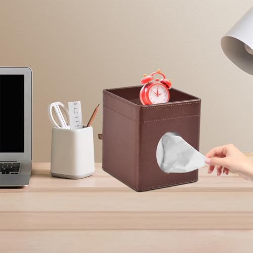 Tissue Box Cover Square Tissue Box Holder PU Leather Facial Tissues Organizer with Storage Tray for Bathroom Vanity Bedroom Office Car,Stylish Napkin Caddy Decorative Organizer (Brown) - color: Brown