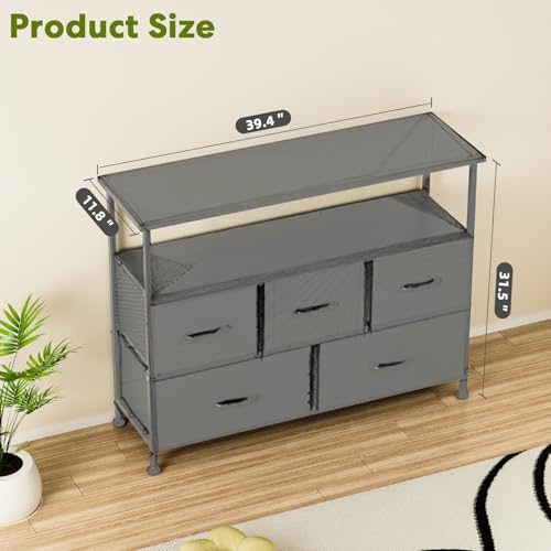 Simple Deluxe TV Stand Dresser for Bedroom Entertainment Center with 5 Fabric Drawers, Storage Organizers Units for Living Room, Media Console Table with Open Shelf up for 45" TV, Black, Wood top - color: Black, size: 39.3"D x 11.8"W x 31.8"H (5 Drawers)