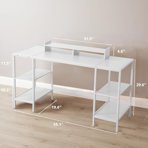 MINOSYS Computer Desk 55-inch with Storage Shelf - White Ideal Gaming Desk for Bedrooms, Small Spaces, and Home Offices Modern Writing Desk for PCs. - color: Tx-white, size: 55 inch