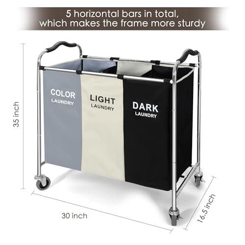 Laundry Basket with Wheels, 240l Laundry Hamper with 3 Section Laundry Bag for Dirty Clothes, Dorm Room Essentials, Towel Organization & Toys Storage Laundry Cart in Laundry Room Organization - color: White